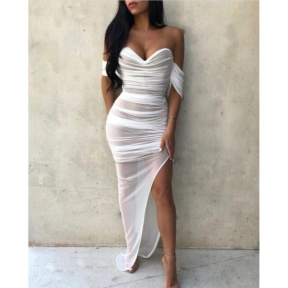Nookie x REVOLVE Dita Mesh Gown White & Nude Elegant Off Shoulder